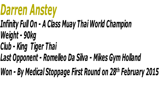 Darren Anstey
Infinity Full On - A Class Muay Thai World Champion
Weight - 90kg 
Club - King 	Tiger Thai
Last Opponent - Romelleo Da Silva - Mikes Gym Holland
Won - By Medical Stoppage First Round on 28th February 2015

